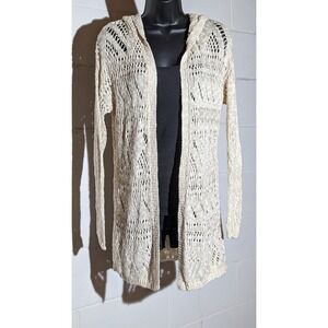 SO Crochet Knit Hooded Cardigan Sweater Open Front Lightweight Cover Up Medium